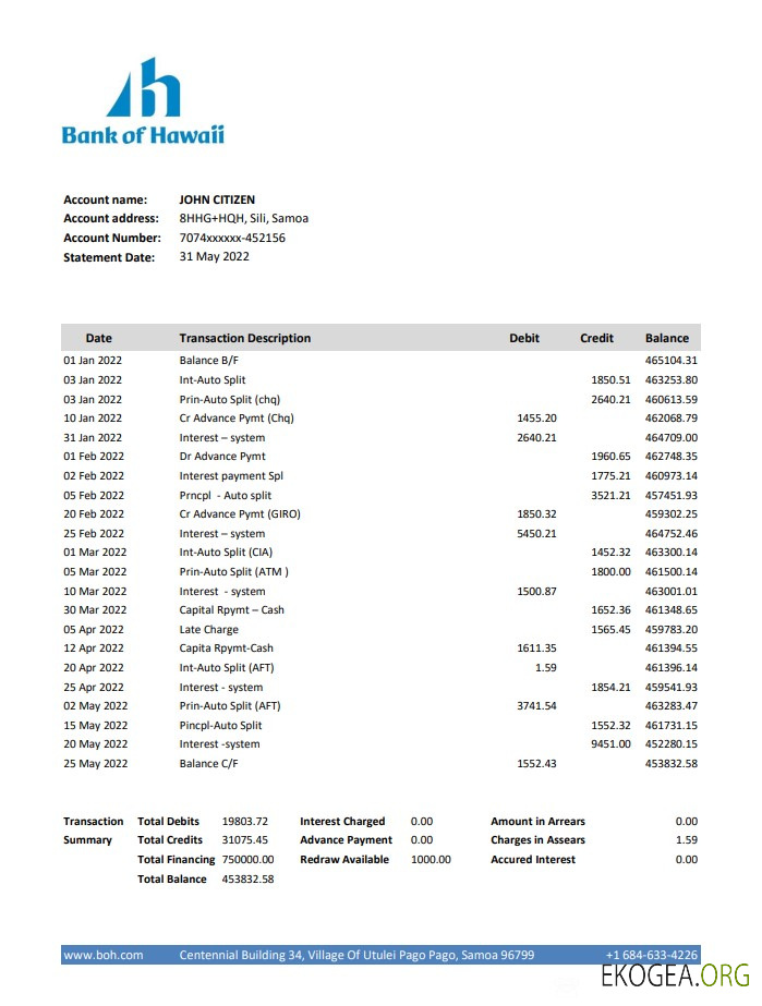 Relevé bancaire de la Samoa Bank of Hawaii